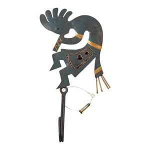 Vintage Metal Kokopelli Flute Dancer Door Latch Hanger Keys Rust & Brass Accents